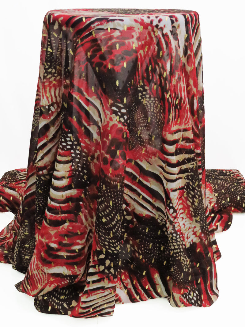 Deep Crimson/Taupe/Gold/Multi 100% Polyester Foil Brushstroke On Abstract Print Georgette 58W