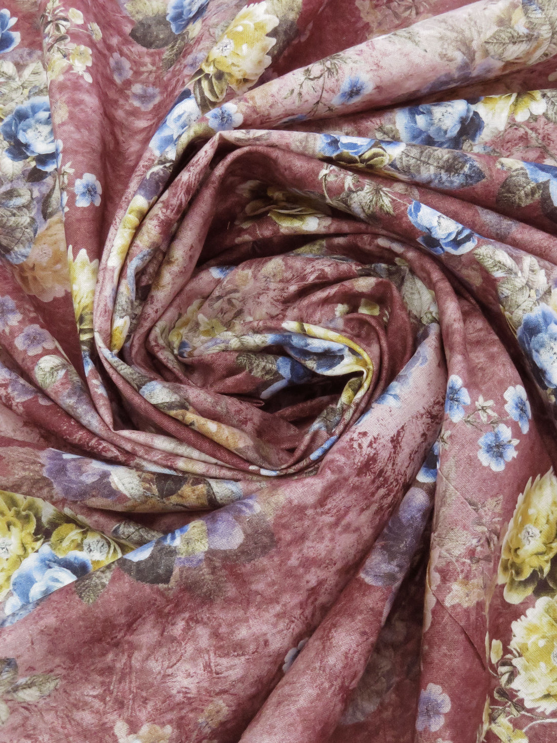 Dark Mauve/Golden Wheat/Dark Colonial Blue/Multi 100% Cotton Distressed Floral Print Lawn 42W
