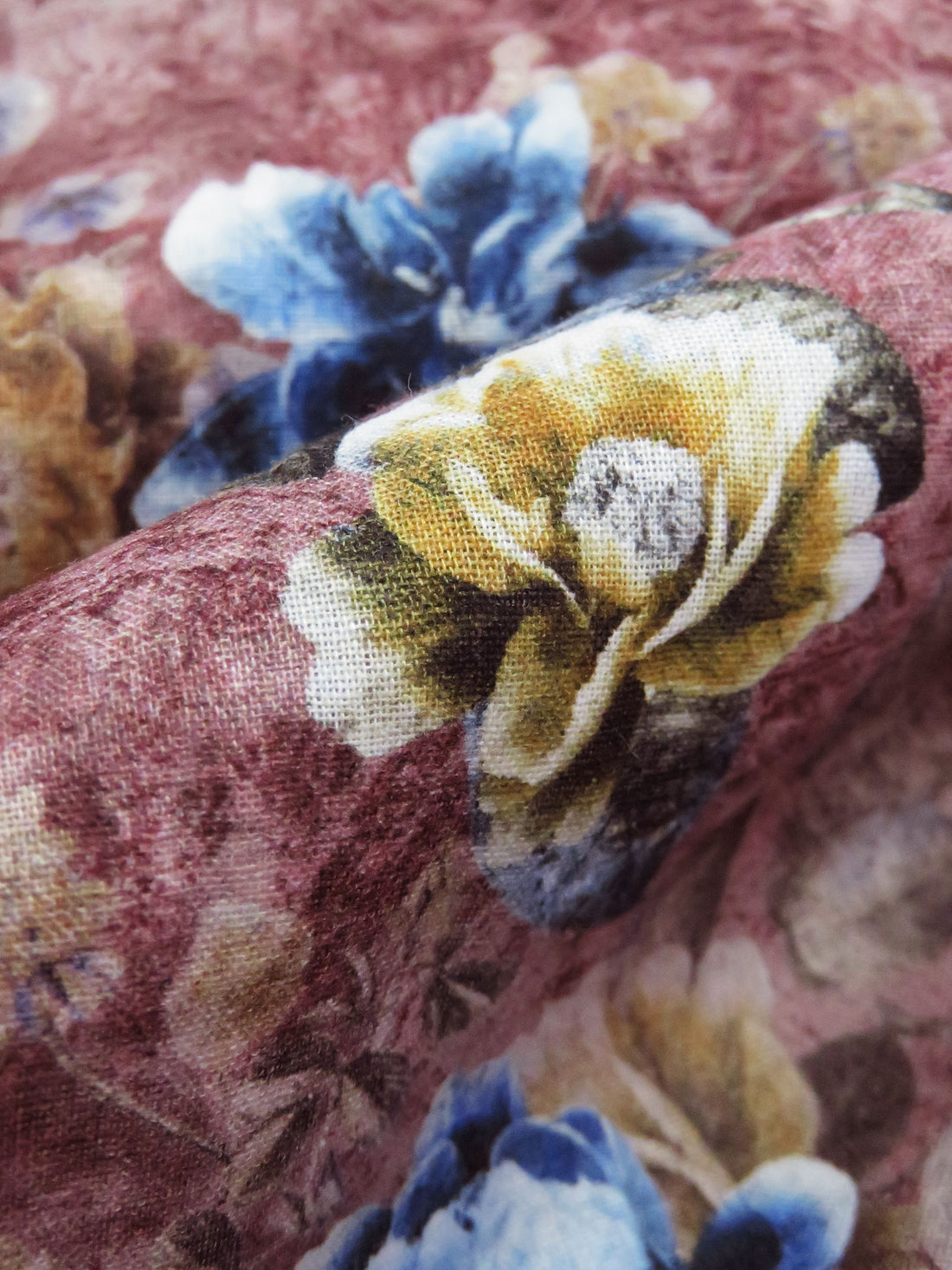 Dark Mauve/Golden Wheat/Dark Colonial Blue/Multi 100% Cotton Distressed Floral Print Lawn 42W