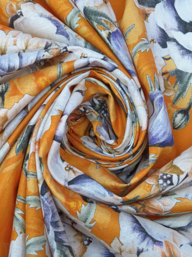 Bright Marigold/Cyber Grape/White/Multi 100% Cotton Large Floral Bunch Print Lawn 42W
