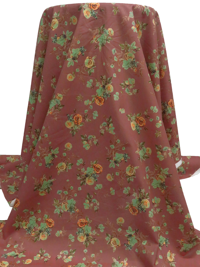 Tuscan Red/Cinnamon/Asparagus/Multi 100% Cotton Floral Rose Print Lawn 43W