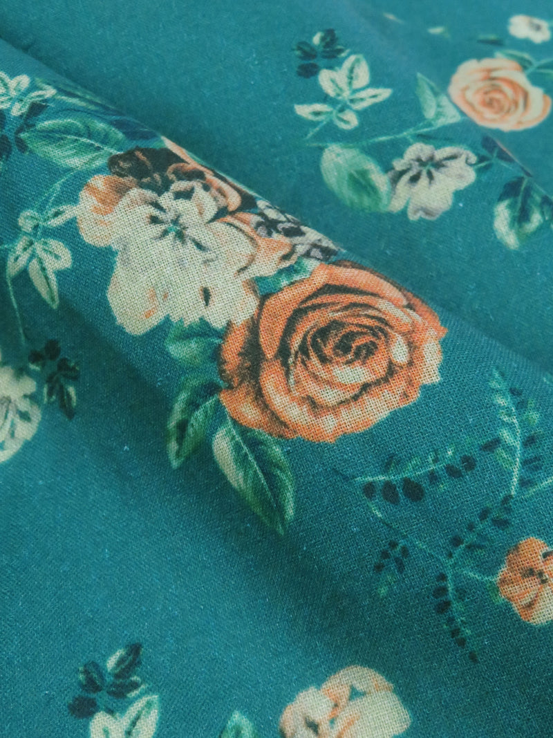 Dark Pacific Blue/Dusty Mango/Cool Evergreen/Multi 100% Cotton Floral Print Lawn 43W