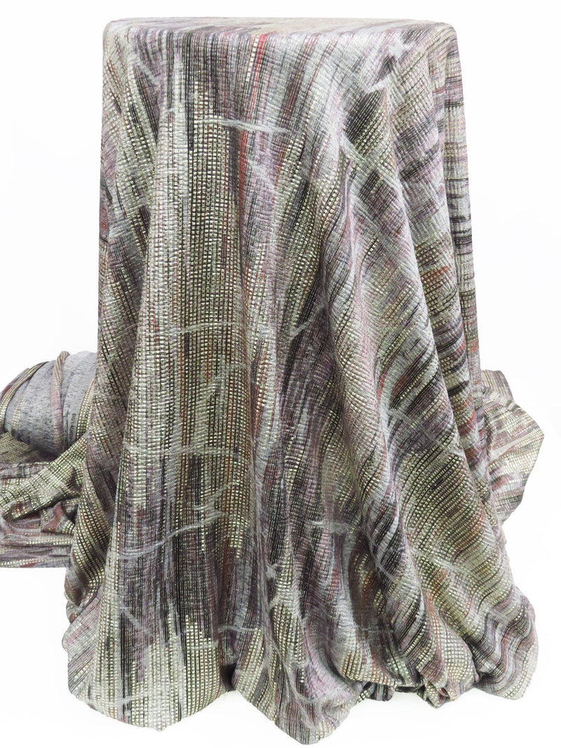 Aluminum Gray/Pale Gold/Orchid Pink/Multi Polyester/Lycra Distressed Look Foil Print On Space-Dyed Knit - NY Designer - 54W