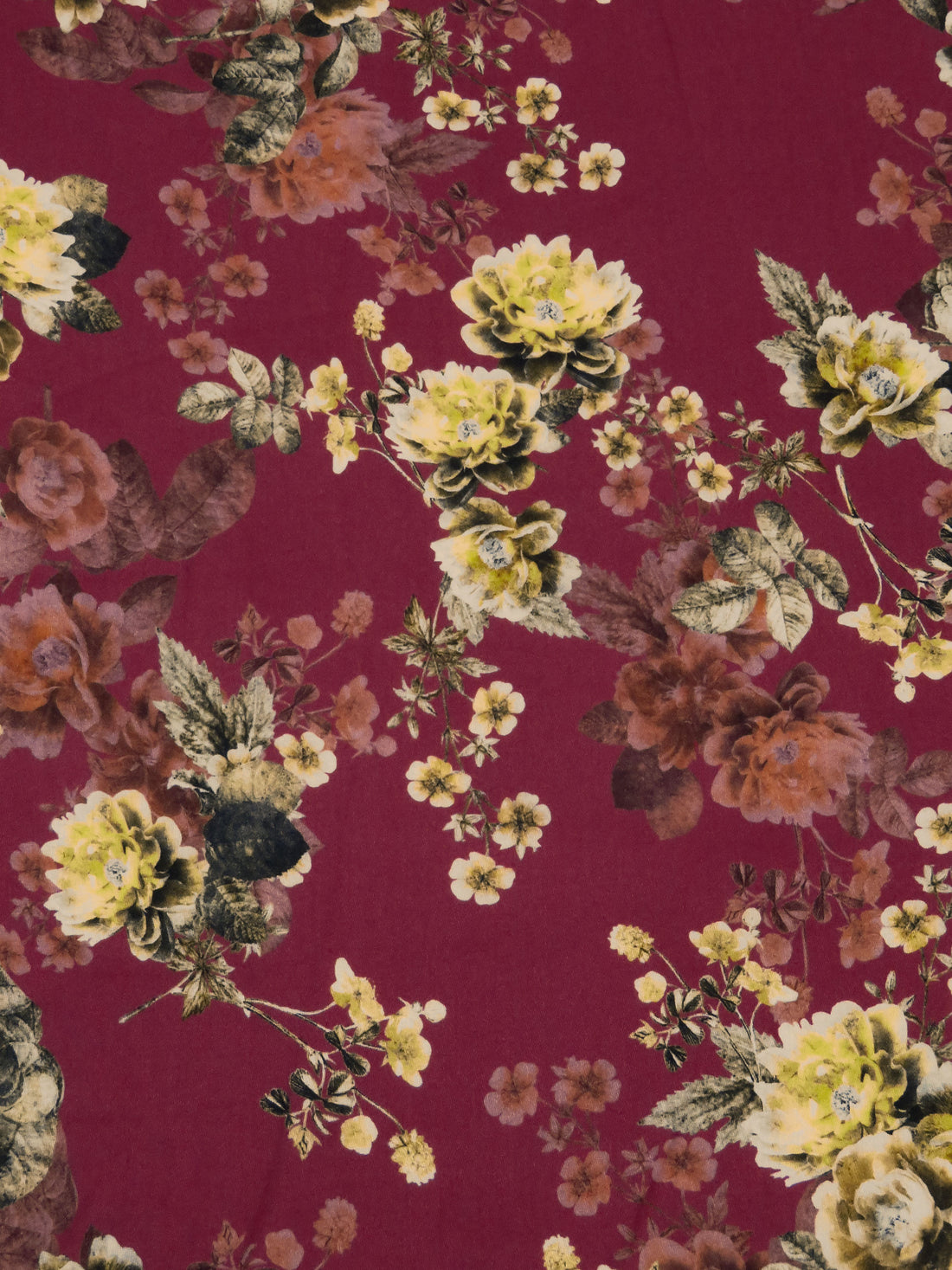 Claret Red/Old Gold/Chestnut/Multi 100% Cotton Floral Print Sateen Shirting 42W