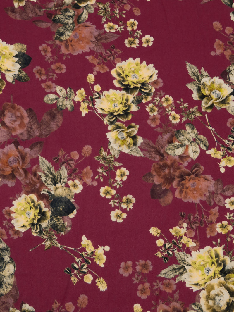 Claret Red/Old Gold/Chestnut/Multi 100% Cotton Floral Print Sateen Shirting 42W