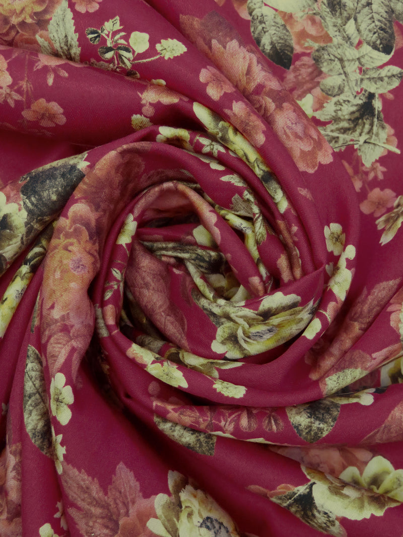 Claret Red/Old Gold/Chestnut/Multi 100% Cotton Floral Print Sateen Shirting 42W