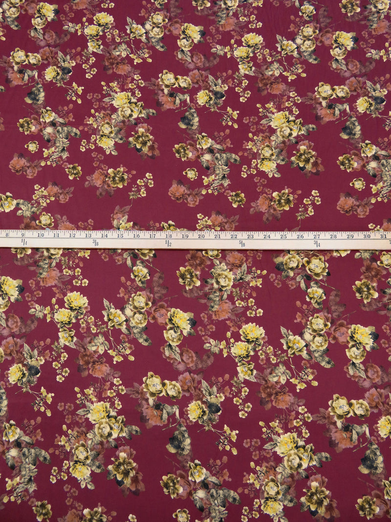 Claret Red/Old Gold/Chestnut/Multi 100% Cotton Floral Print Sateen Shirting 42W