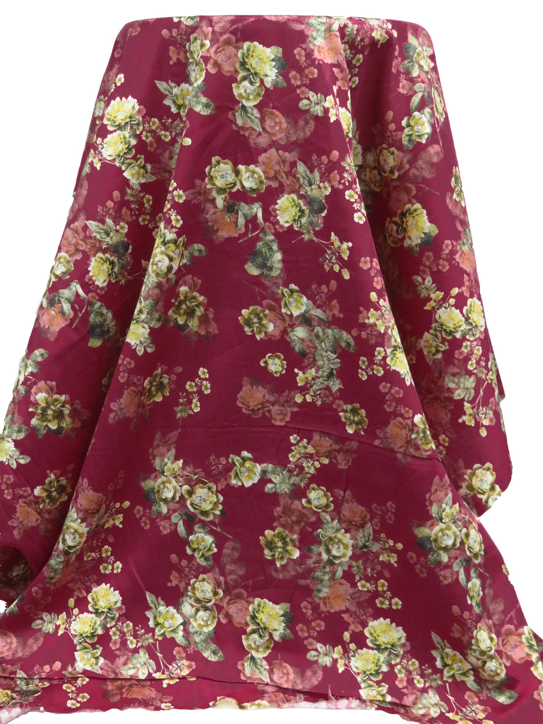 Claret Red/Old Gold/Chestnut/Multi 100% Cotton Floral Print Sateen Shirting 42W