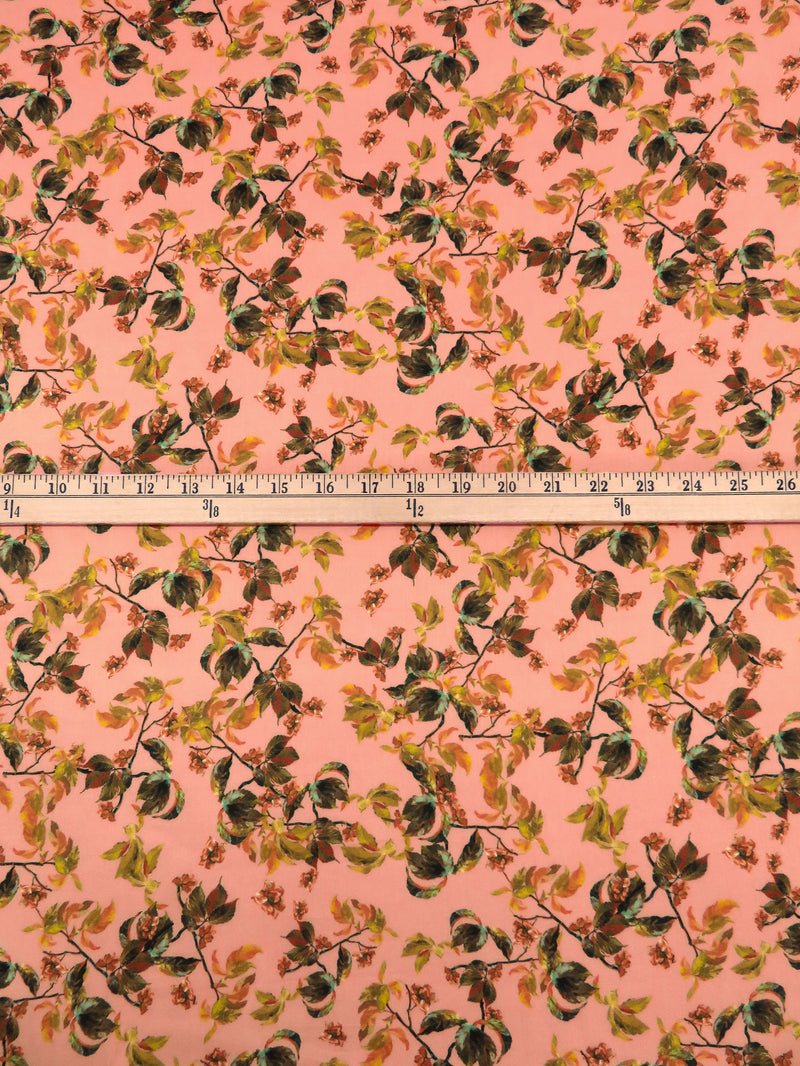 Light Salmon/Muted Pumpkin/Olive/Multi 100% Cotton Leaves Print Sateen Shirting 42W