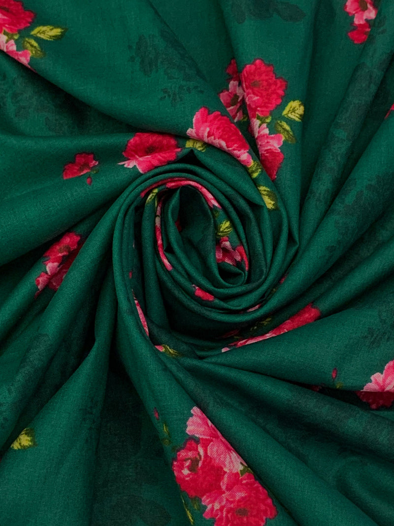 Deep Jungle Green/Cardinal Red/Pink/Multi 100% Cotton Floral Print Lawn 42W
