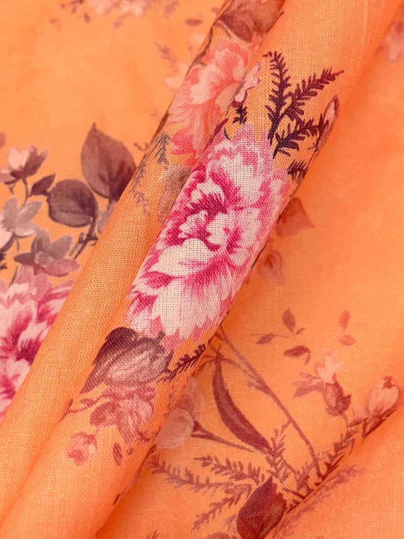 Melon Orange/Ruddy Pink/Multi 100% Cotton Floral Print Lawn 42W