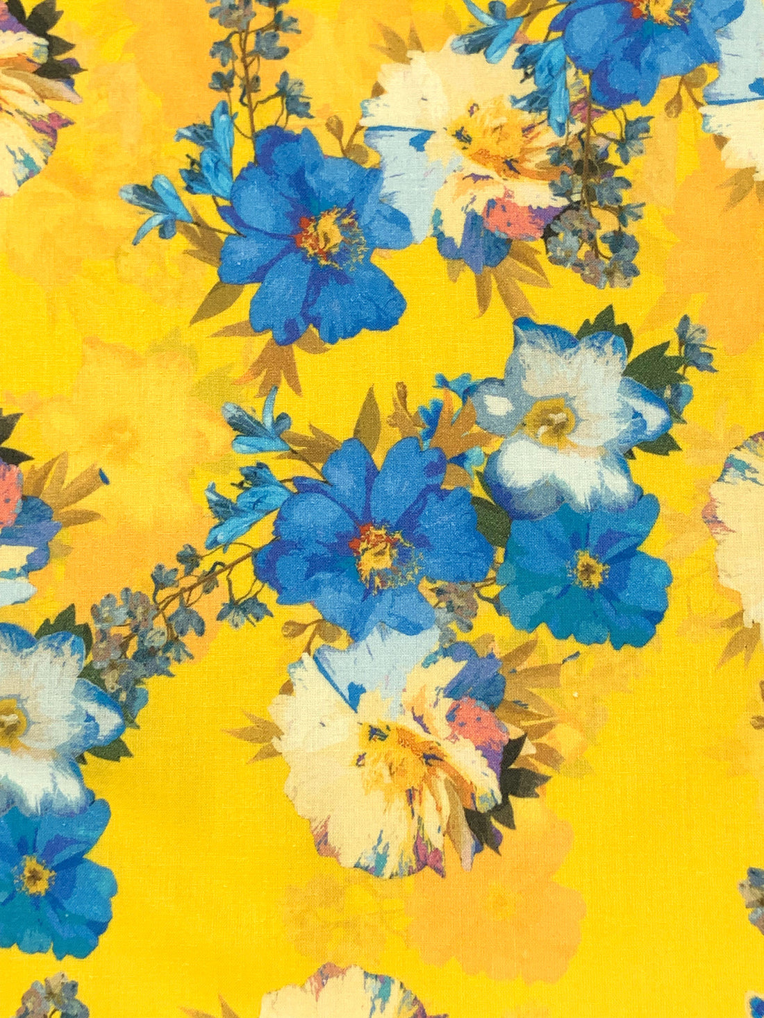 Deep Lemon/Cool Blue/Multi 100% Cotton Floral Print Lawn 42W