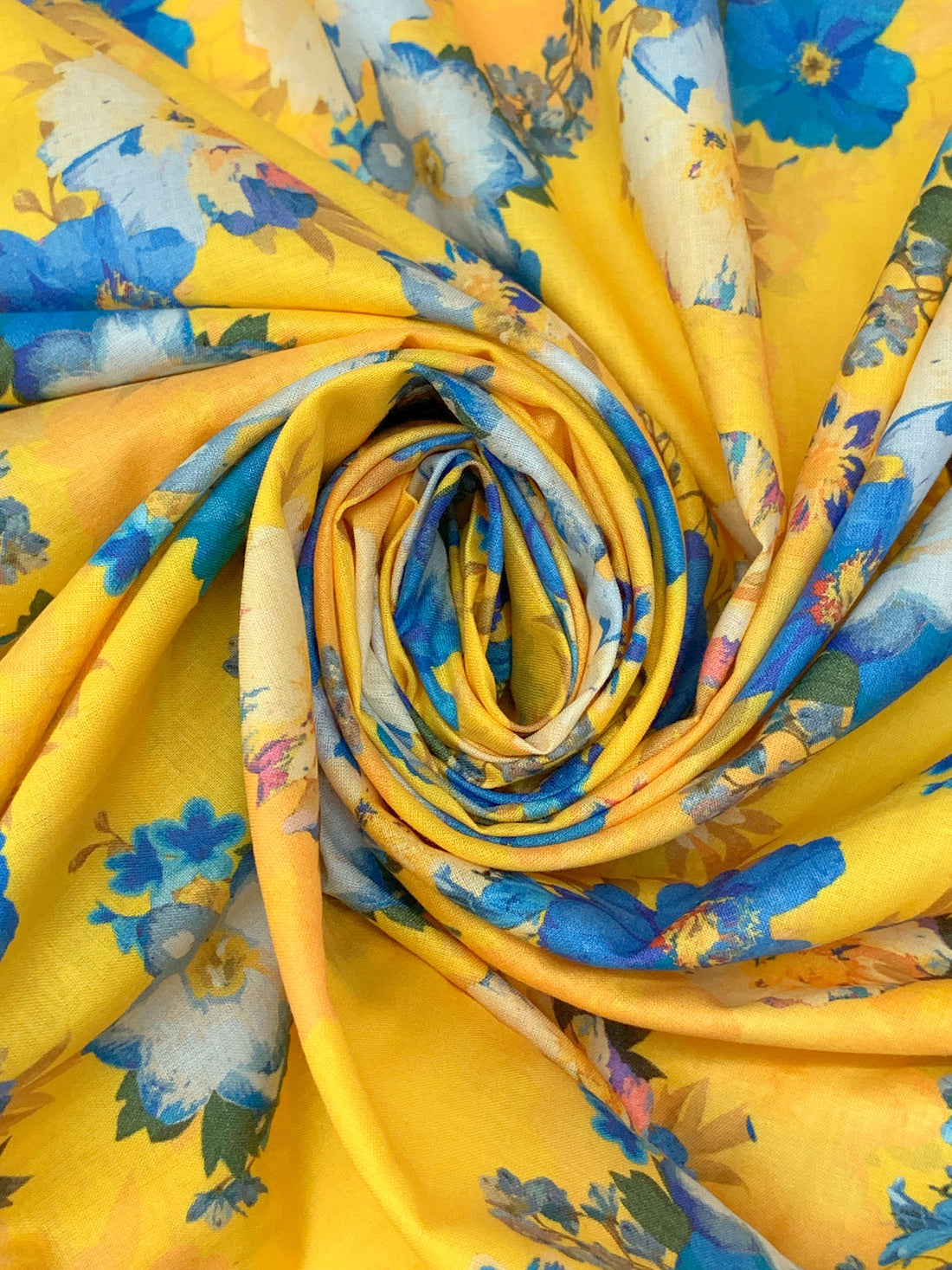 Deep Lemon/Cool Blue/Multi 100% Cotton Floral Print Lawn 42W