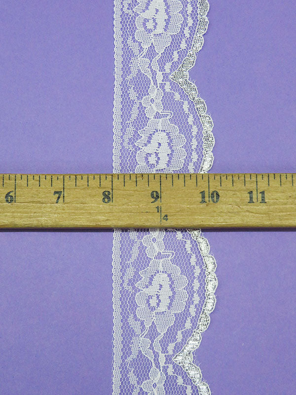 2"  White/Silver 100% Nylon Floral Scalloped Lace Netting Edging Trim