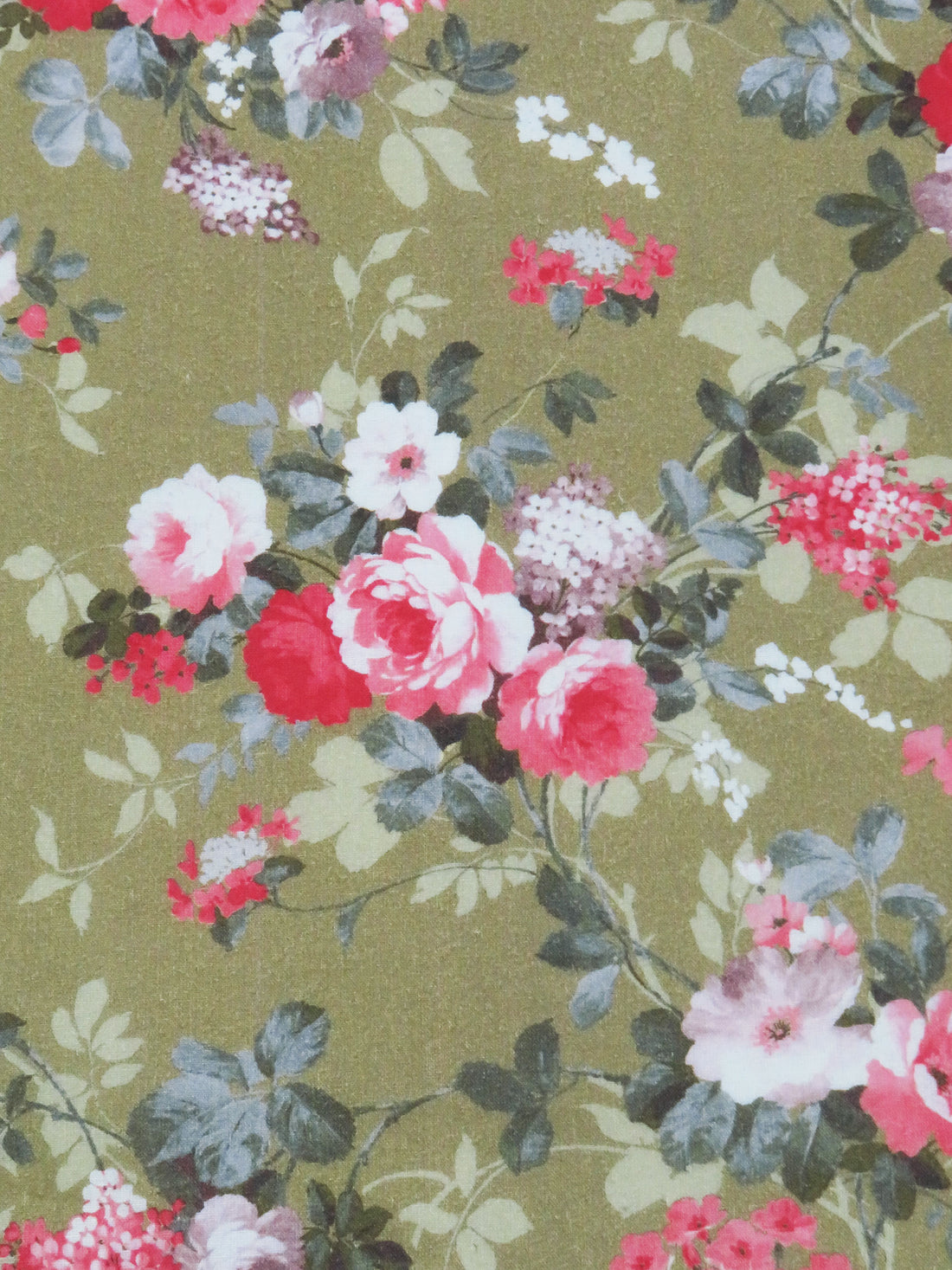 Olive/Cherry Pink/Soft Lilac/Multi 100% Cotton Floral Bunches Print Lawn 42W