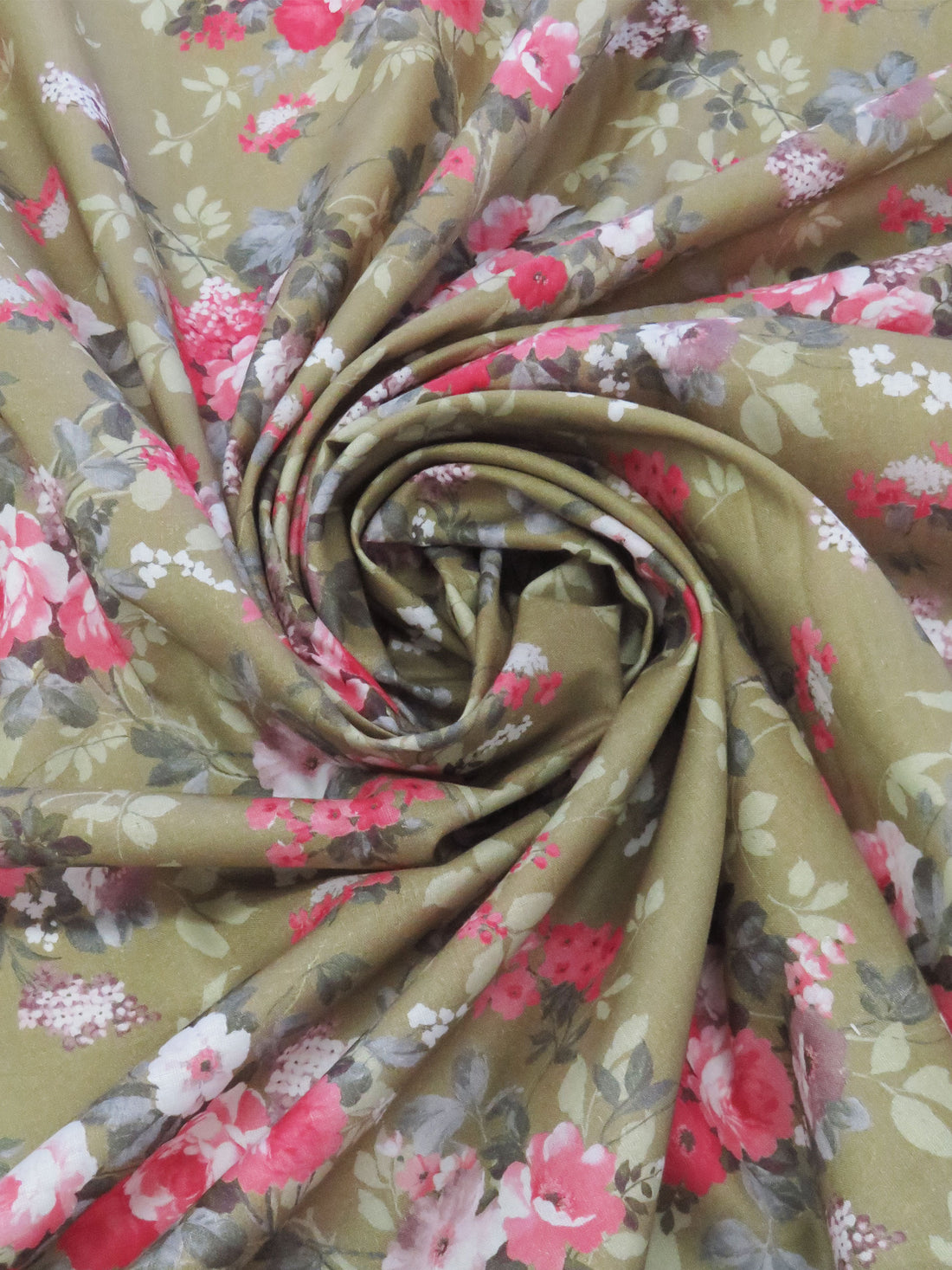 Olive/Cherry Pink/Soft Lilac/Multi 100% Cotton Floral Bunches Print Lawn 42W