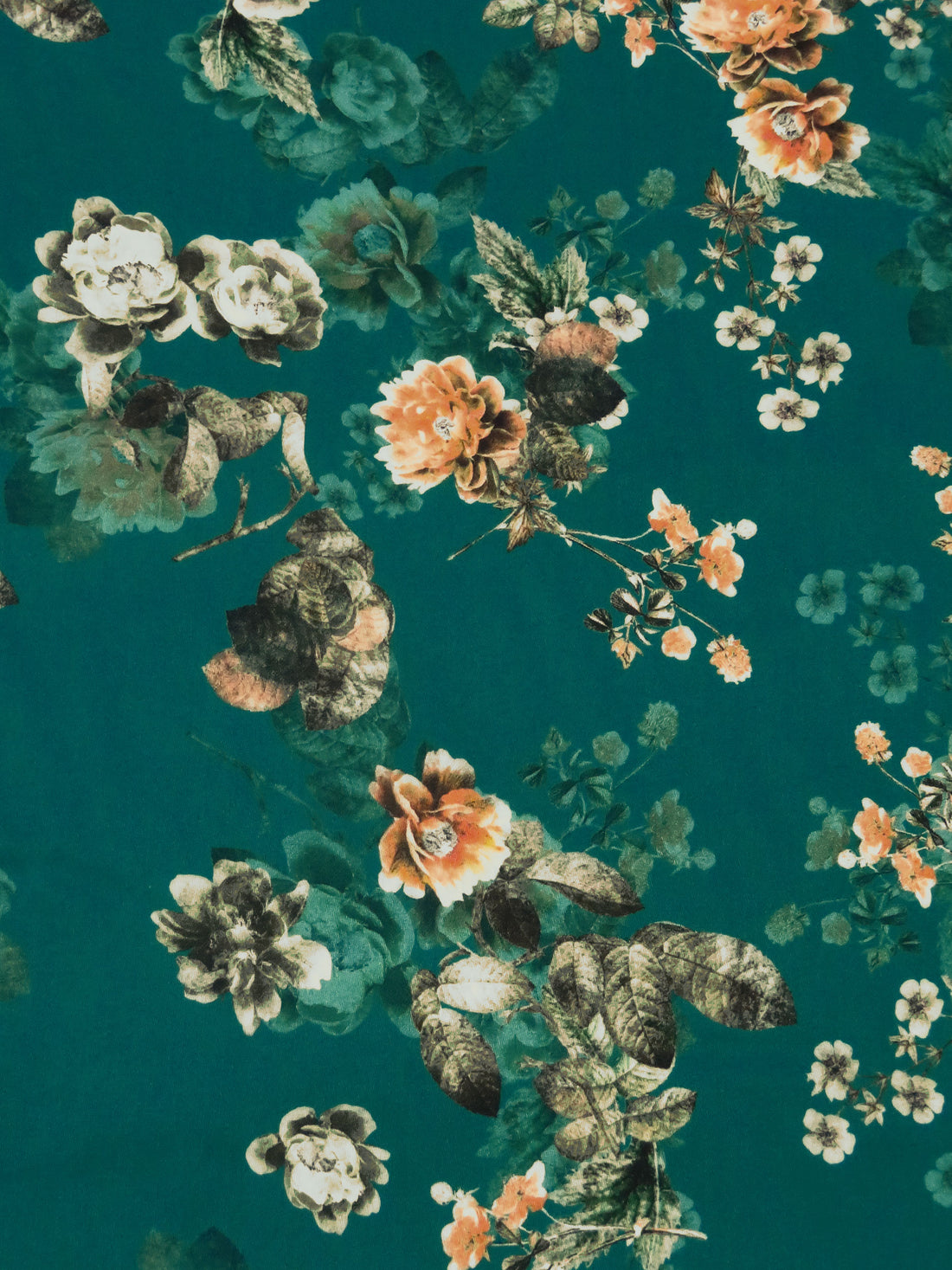 Dark Turquoise/Jasper Orange/White/Multi 100% Cotton Floral Sateen Shirting 42W
