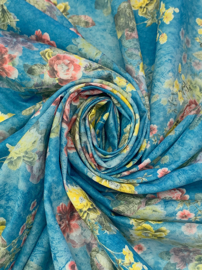 Ocean Blue/Dandelion/Multi 100% Cotton Floral Print Lawn 42W