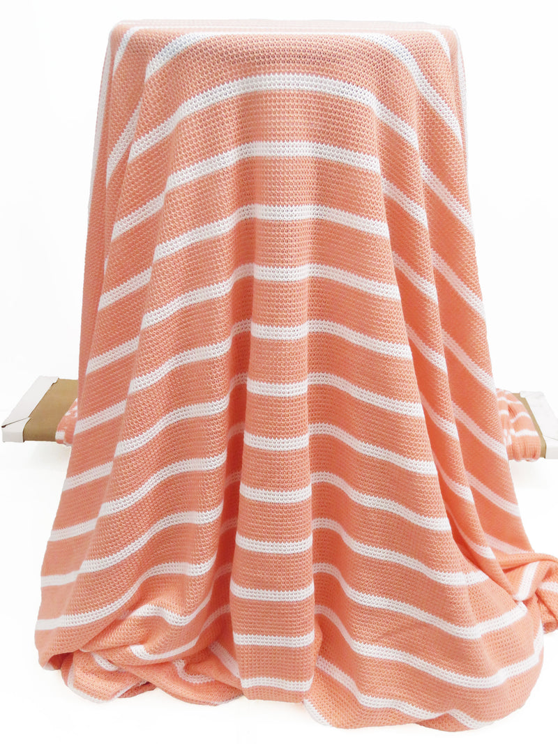 Peachy Coral/White Polyester/Cotton Horizontal Stripe Novelty Weave Sweater Knit 50W