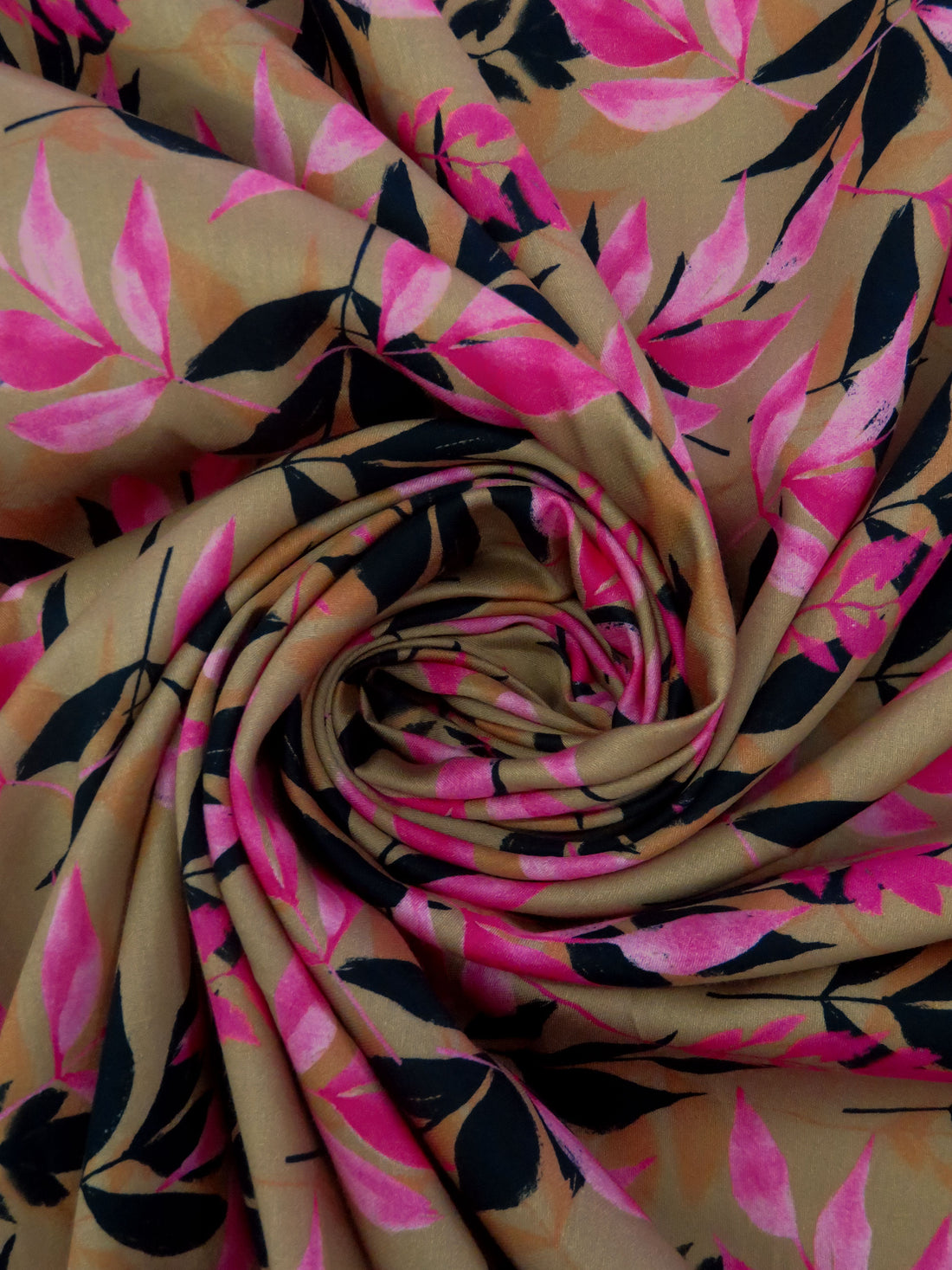 Dark Tan/Black/Jazzberry/Multi 100% Cotton Leaf Print Sateen Shirting 42W