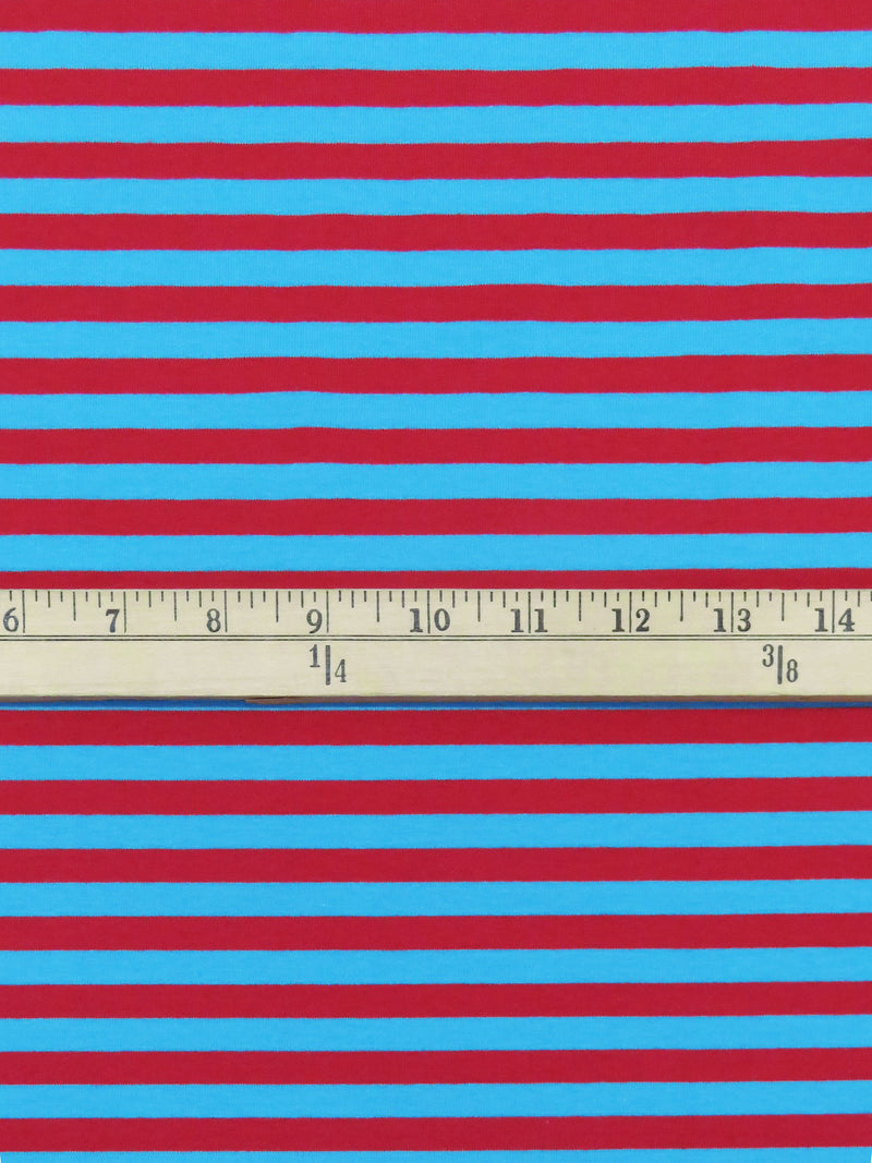 Cherry/Pacific Blue Cotton/Lycra Horizontal Stripe Jersey Knit 66W