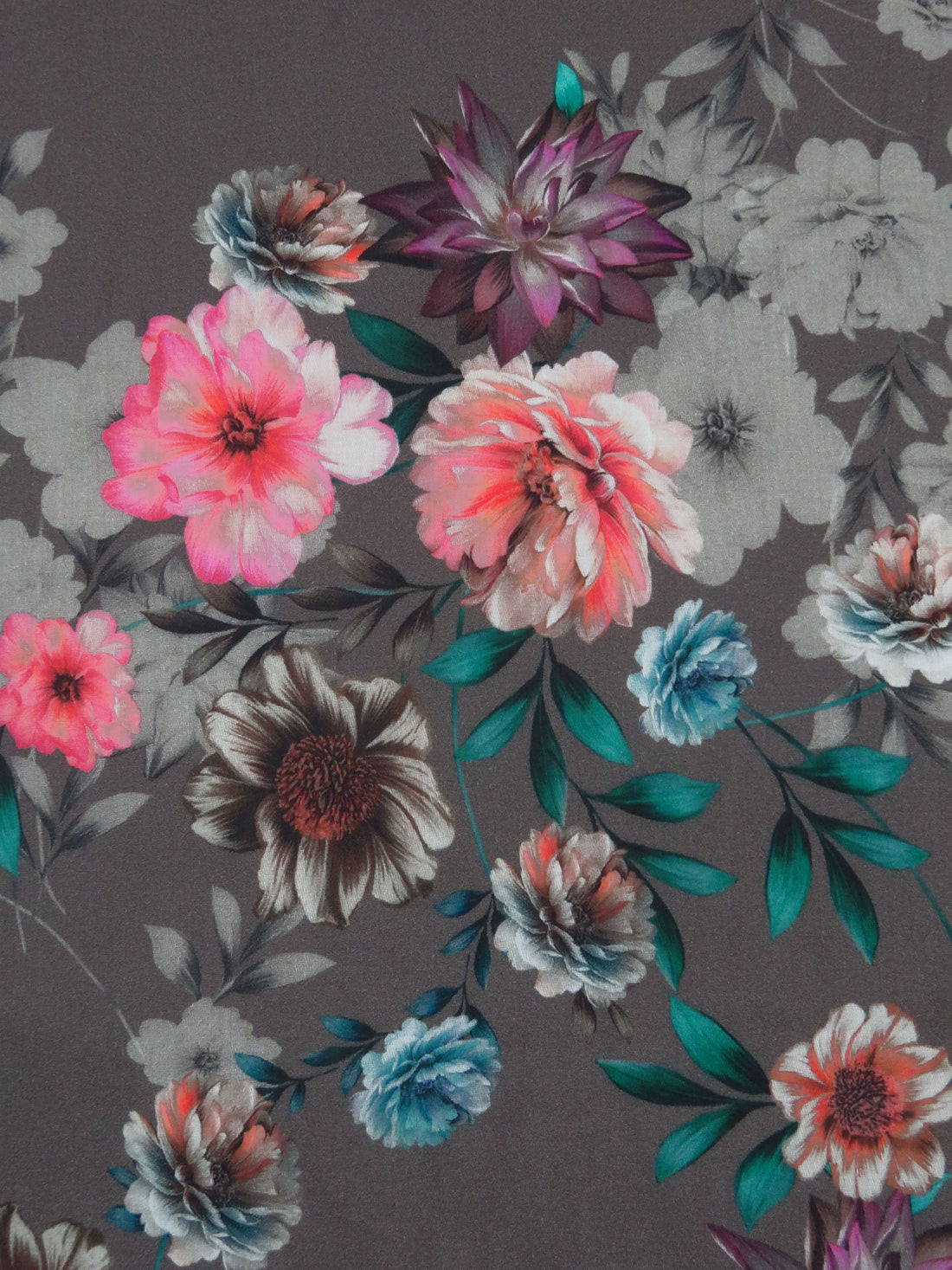 Dark Liver Gray/Teal/Begonia/Multi 100% Cotton Floral Print Sateen Shirting 43W