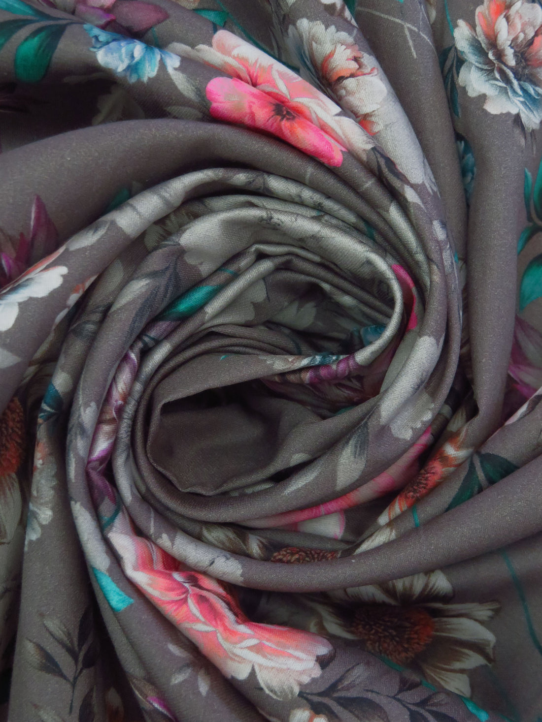Dark Liver Gray/Teal/Begonia/Multi 100% Cotton Floral Print Sateen Shirting 43W