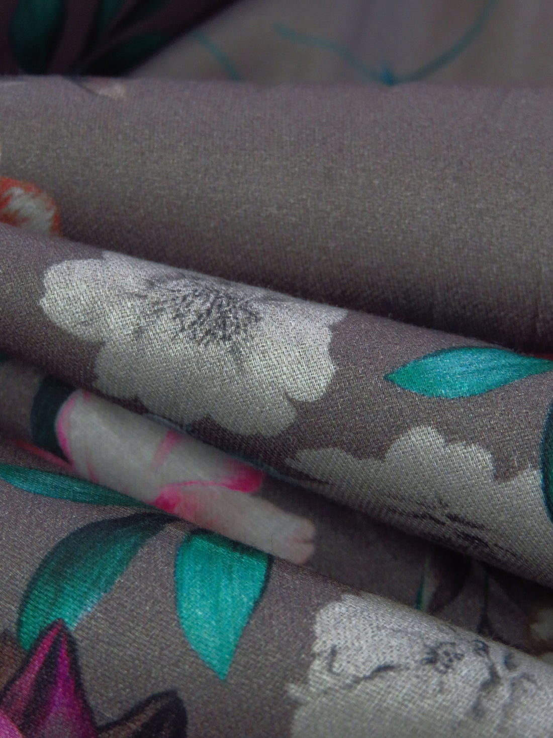 Dark Liver Gray/Teal/Begonia/Multi 100% Cotton Floral Print Sateen Shirting 43W