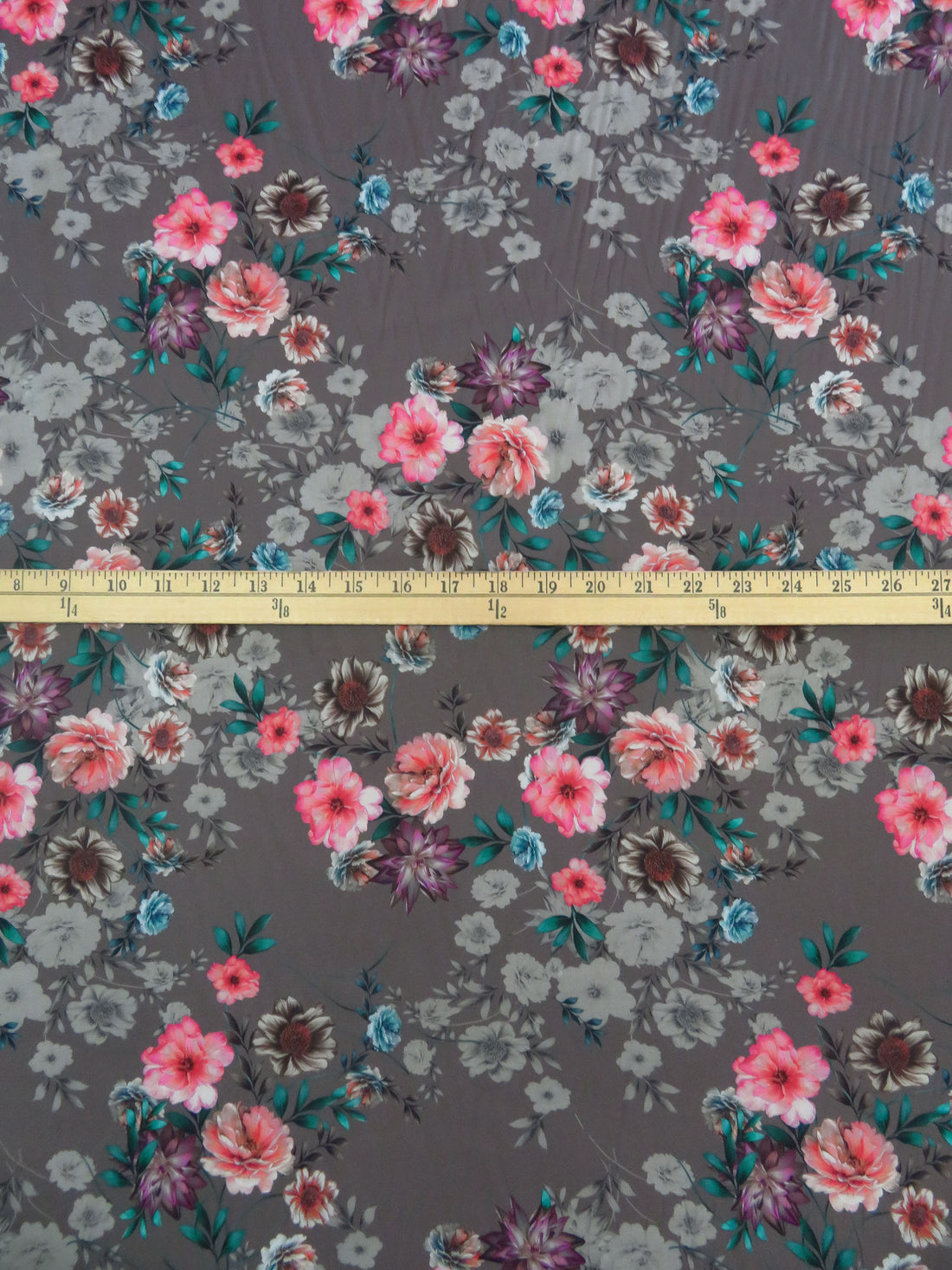 Dark Liver Gray/Teal/Begonia/Multi 100% Cotton Floral Print Sateen Shirting 43W