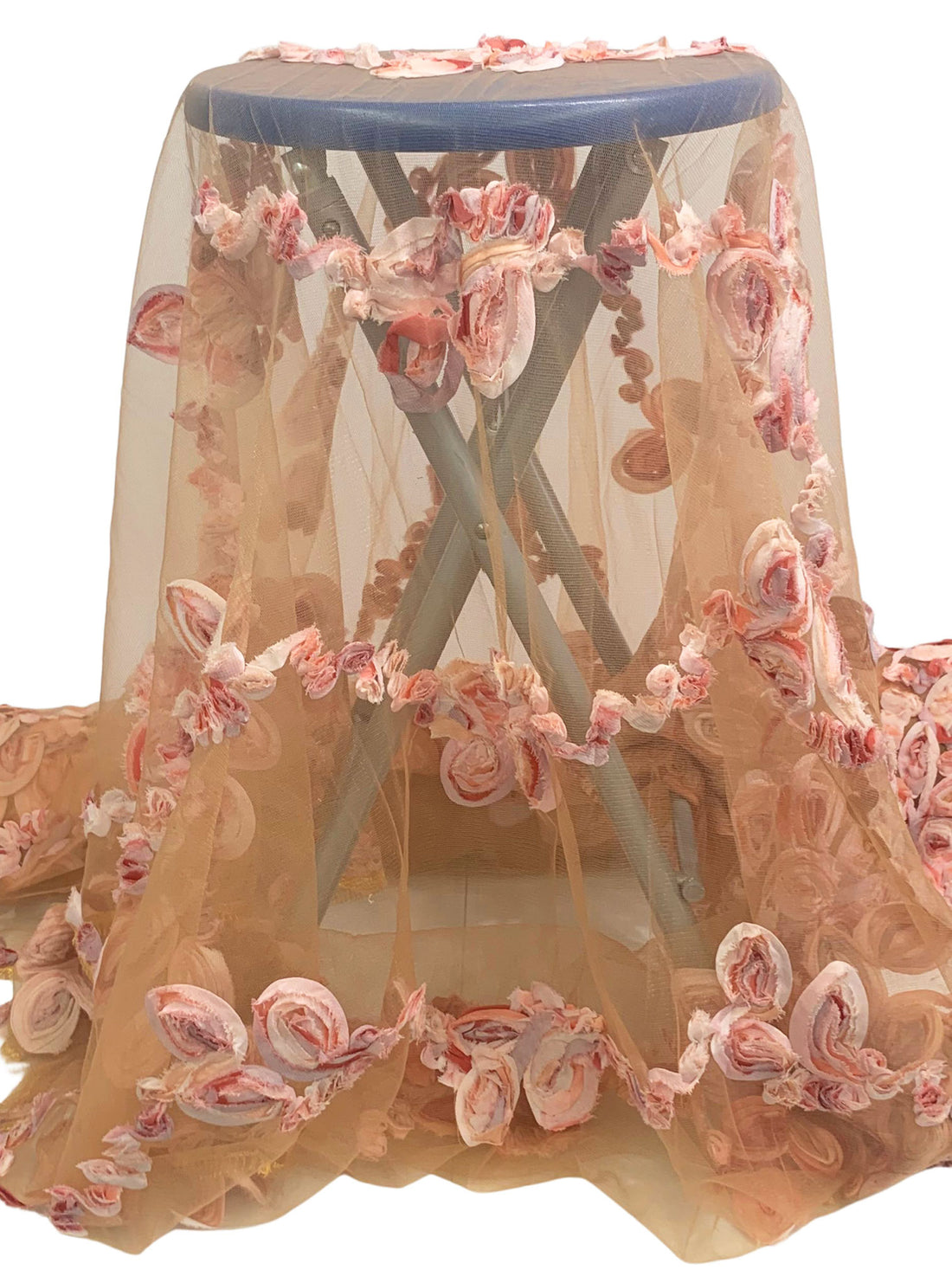 Camel/Baby Pink/Multi 100% Nylon Double Scalloped Border Embellished Floral Netting 47W