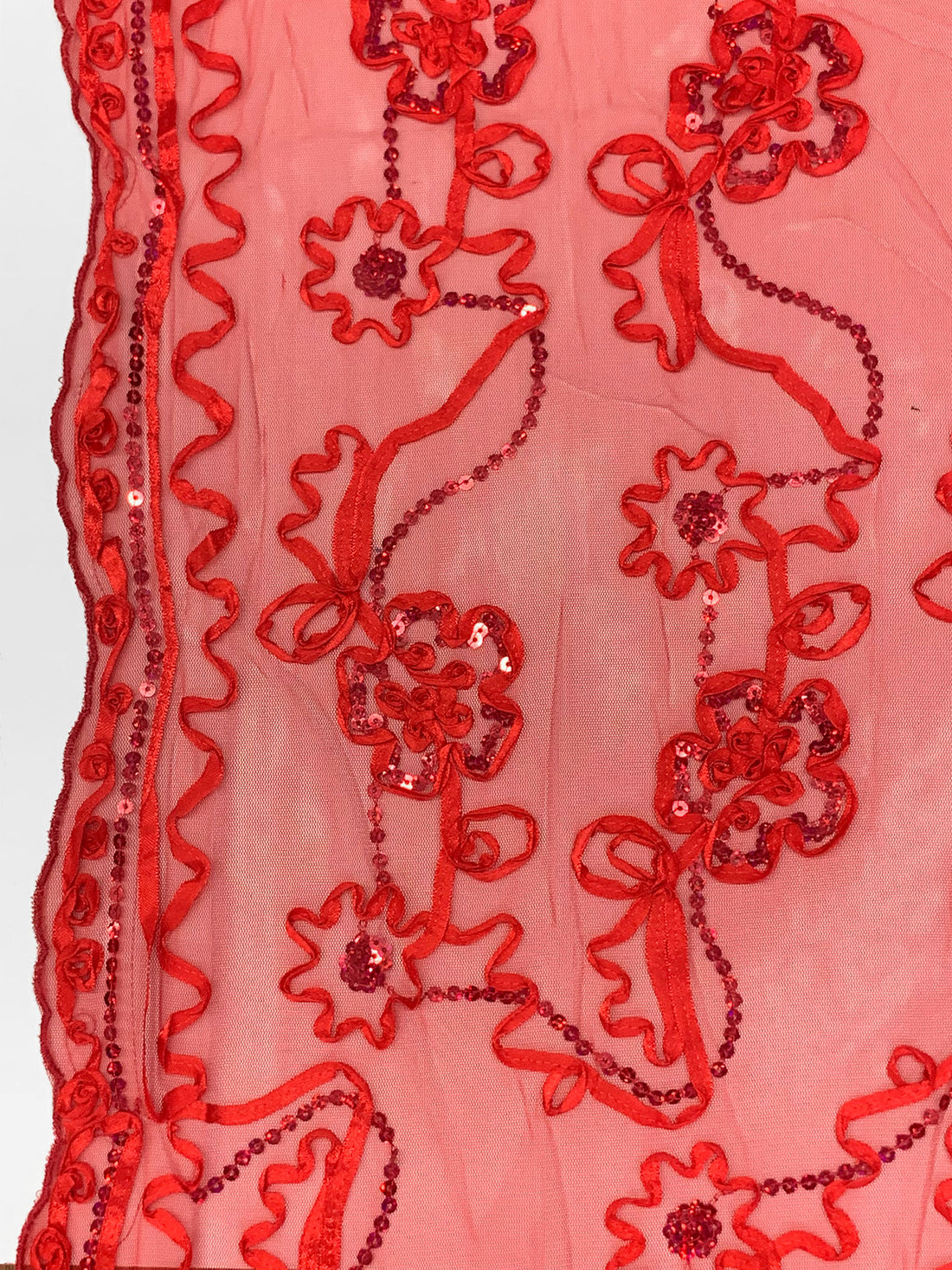 Vivid Crimson/Multi 100% Nylon Double Scalloped Border Embellished Floral With Sequins Netting 54W