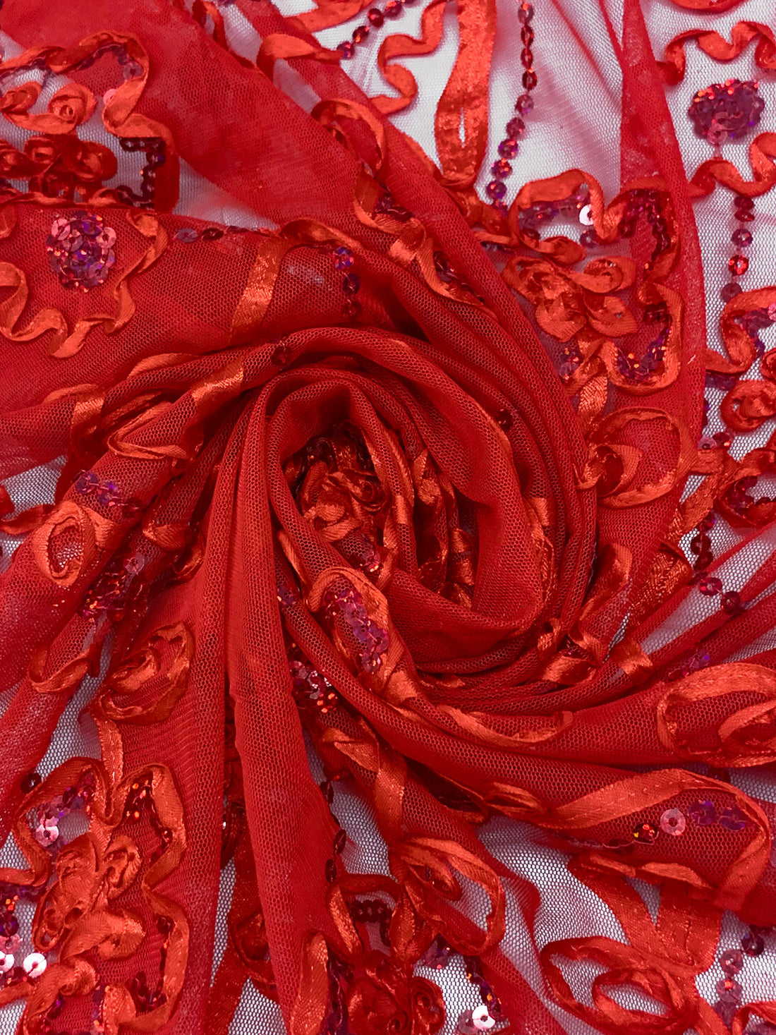 Vivid Crimson/Multi 100% Nylon Double Scalloped Border Embellished Floral With Sequins Netting 54W