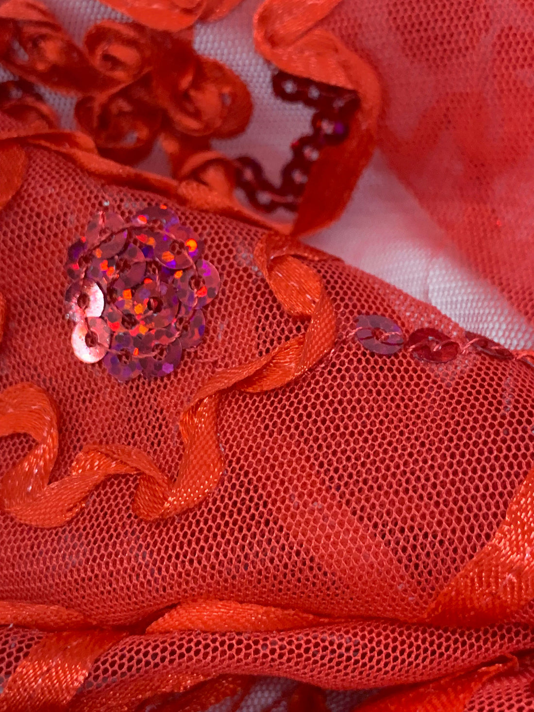 Vivid Crimson/Multi 100% Nylon Double Scalloped Border Embellished Floral With Sequins Netting 54W