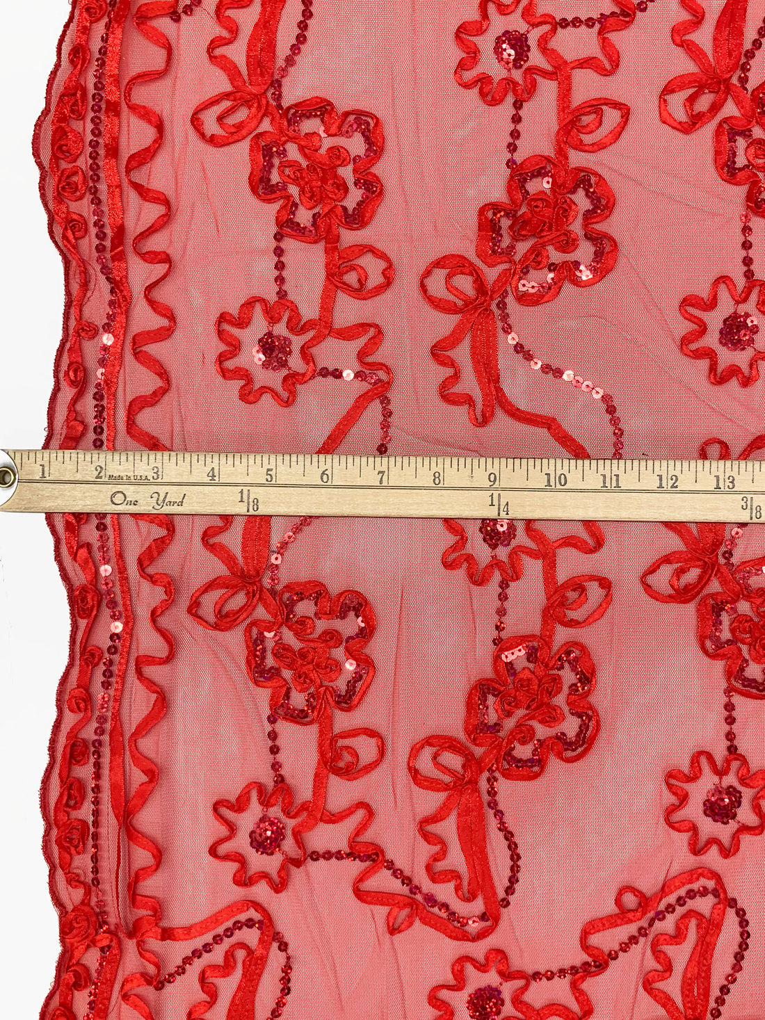 Vivid Crimson/Multi 100% Nylon Double Scalloped Border Embellished Floral With Sequins Netting 54W