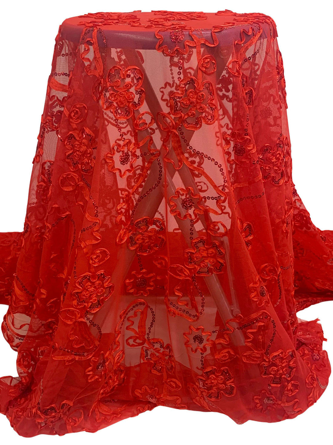 Vivid Crimson/Multi 100% Nylon Double Scalloped Border Embellished Floral With Sequins Netting 54W
