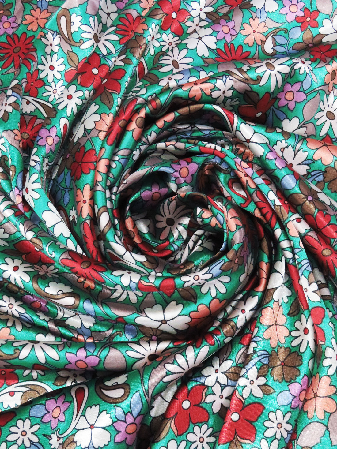 Persian Green/Sandy Peach/Ruby/Multi Polyester/Lycra Floral Paisley Print Stretch Charmeuse 58W