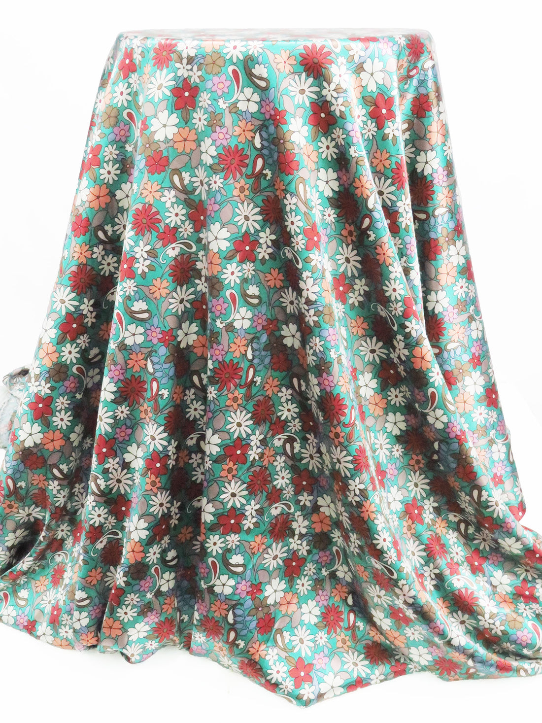 Persian Green/Sandy Peach/Ruby/Multi Polyester/Lycra Floral Paisley Print Stretch Charmeuse 58W