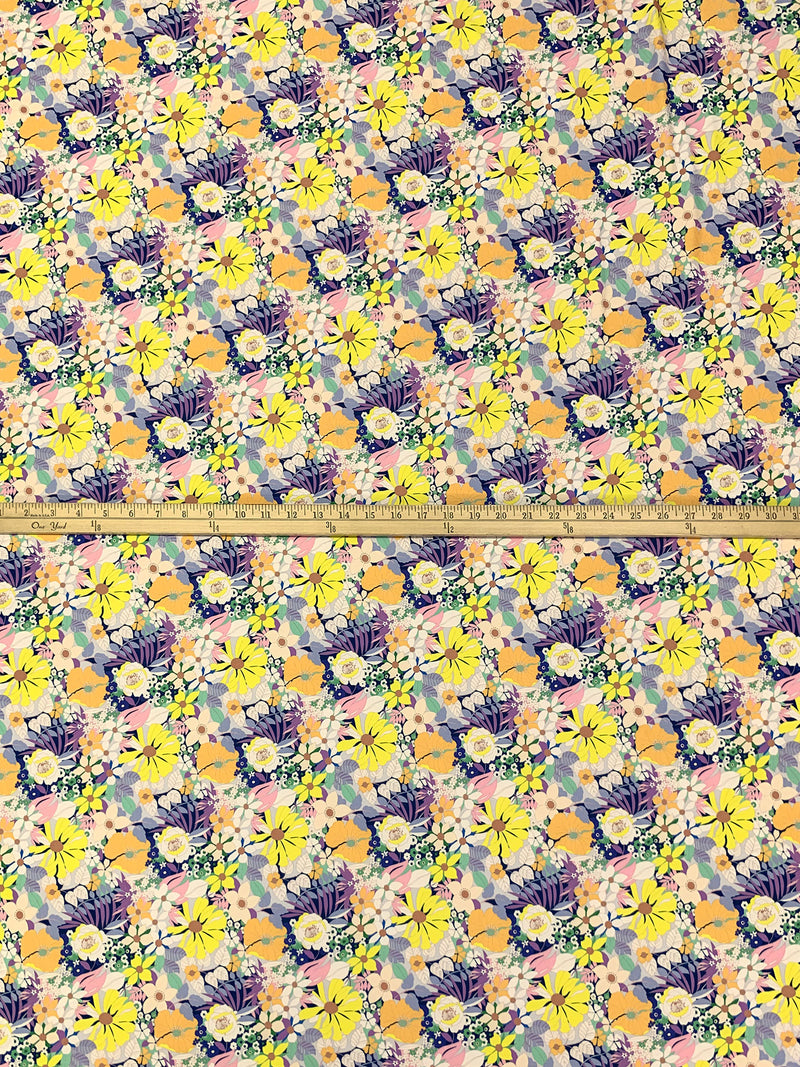 Prussian Blue/Lemon/Peach/Multi Nylon/Lycra Floral Print Swimwear/Activewear Knit - NY Designer - 57W