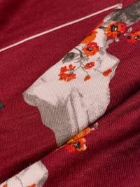 Vivid Burgundy/Amber Orange/Off-White Rayon/Lycra Floral Cattle Skull Grid Print Jersey Knit 56W