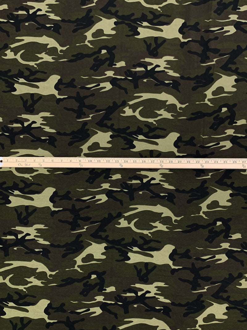 Rifle Green/Muted Cedar/Pale Sage/Black Cotton/Lycra Camouflage Print Jersey Knit 56W