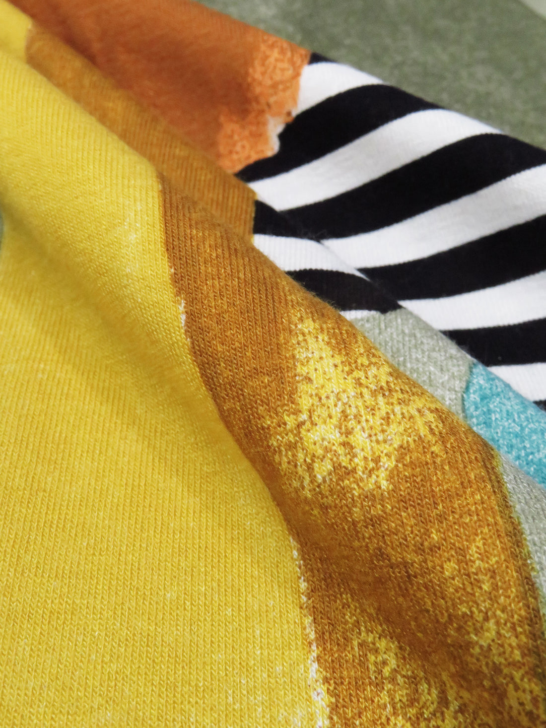 Sage Green/Curry Brown/Lemon/Multi Rayon/Lycra Novelty Abstract Print Jersey Knit 63W