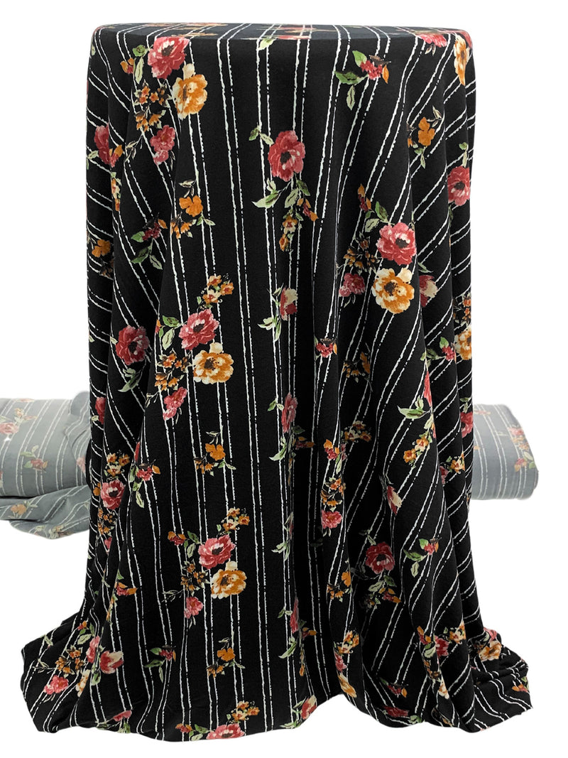 Black/Burnt Orange/Medium Carmine/White Polyester/Lycra Floral Over Vertical Stripe Print DTY Knit 60W