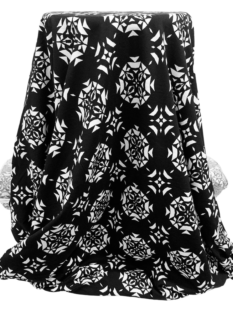 Black/White Cotton/Lycra Geometric Medallion Print Jersey Knit 60W