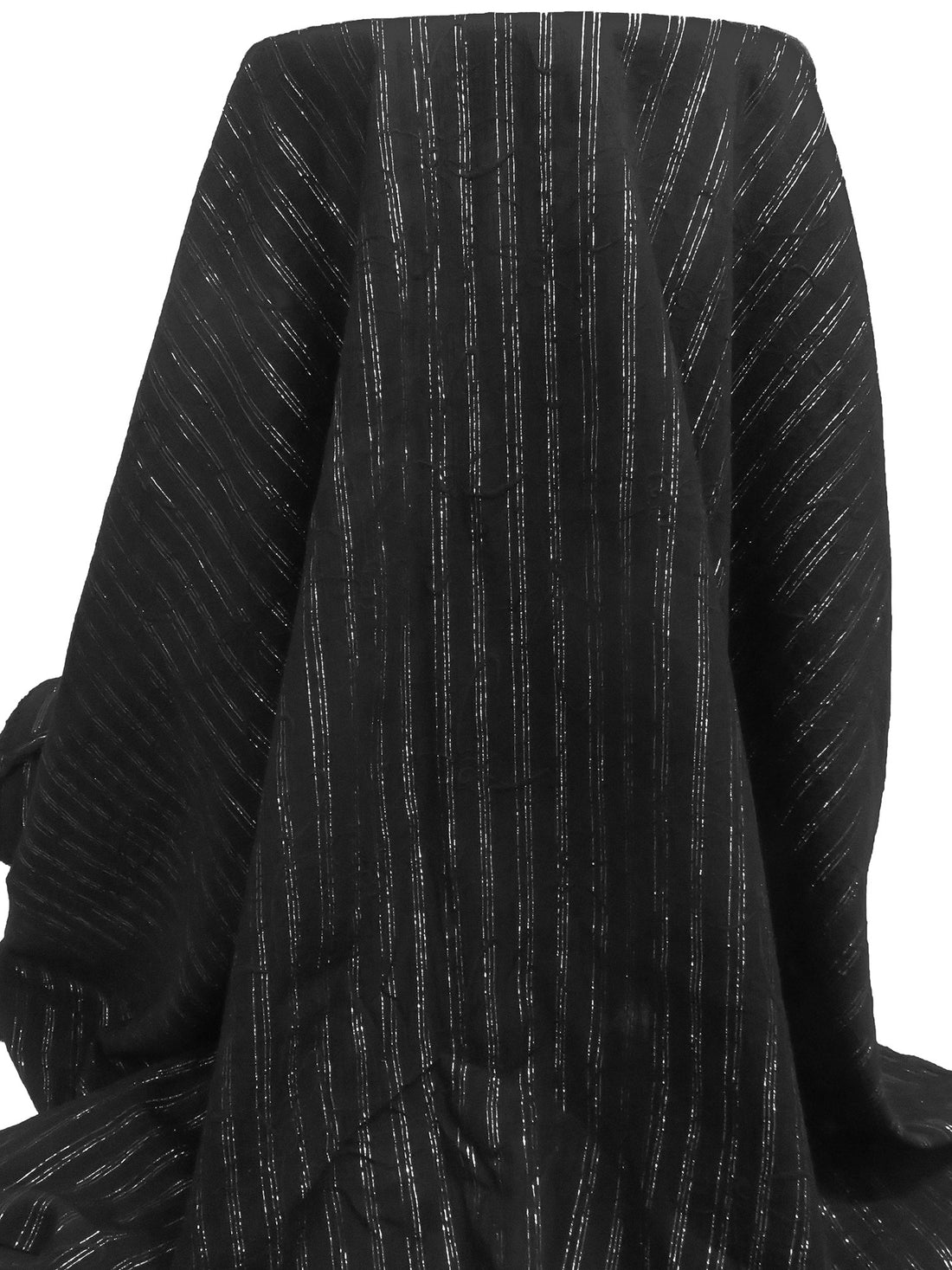 Black/Silver Cotton/Metallic Embroidered Floral On Vertical Stripe Weave Crinkle Gauze 60W