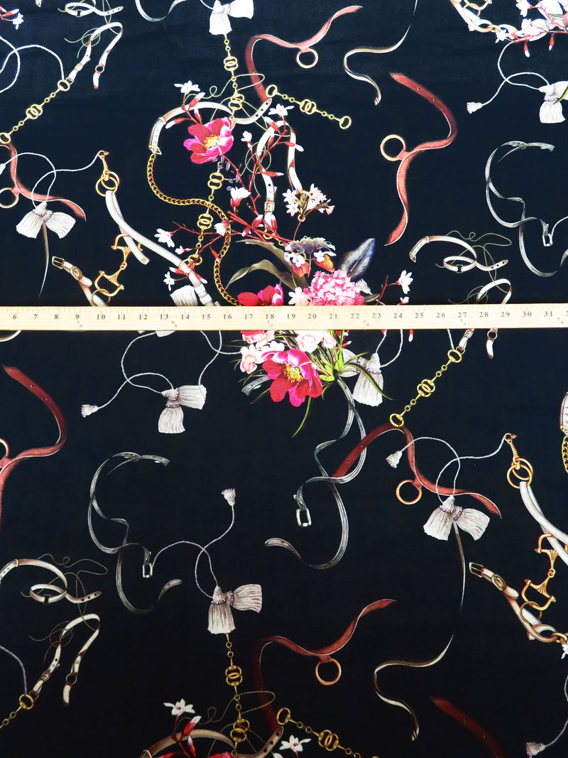 Black/Fiery Pink/Gold/Multi Polyester/Lycra Floral Belt Print Stretch Velvet Knit - Imported From Italy - 56W