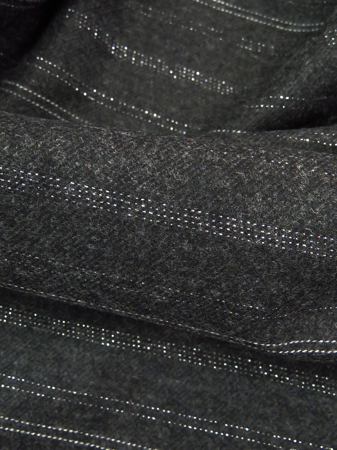 Dark Charcoal/Silver Wool/Polyester/Metallic Horizontal Stripe Weave Flannel Suiting - NY Designer - 59W