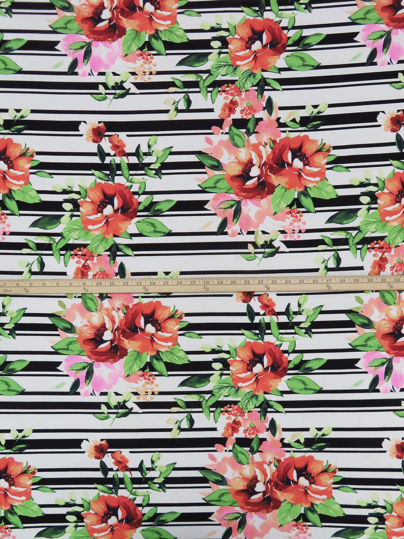 Fiery Coral/Black/Bright Mantis Green/Multi Floral On Horizontal Stripe Print Double Brushed Knit 56W