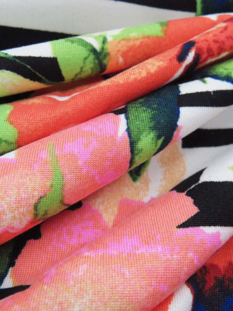 Fiery Coral/Black/Bright Mantis Green/Multi Floral On Horizontal Stripe Print Double Brushed Knit 56W