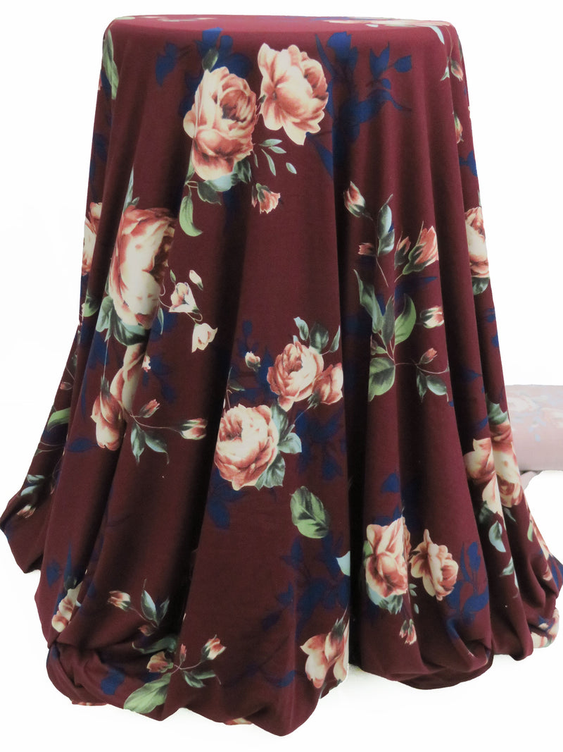 Deep Cabernet/Space Blue/Dark Rose Pink/Multi Polyester/Lycra Floral Print Double Brushed Knit 58W