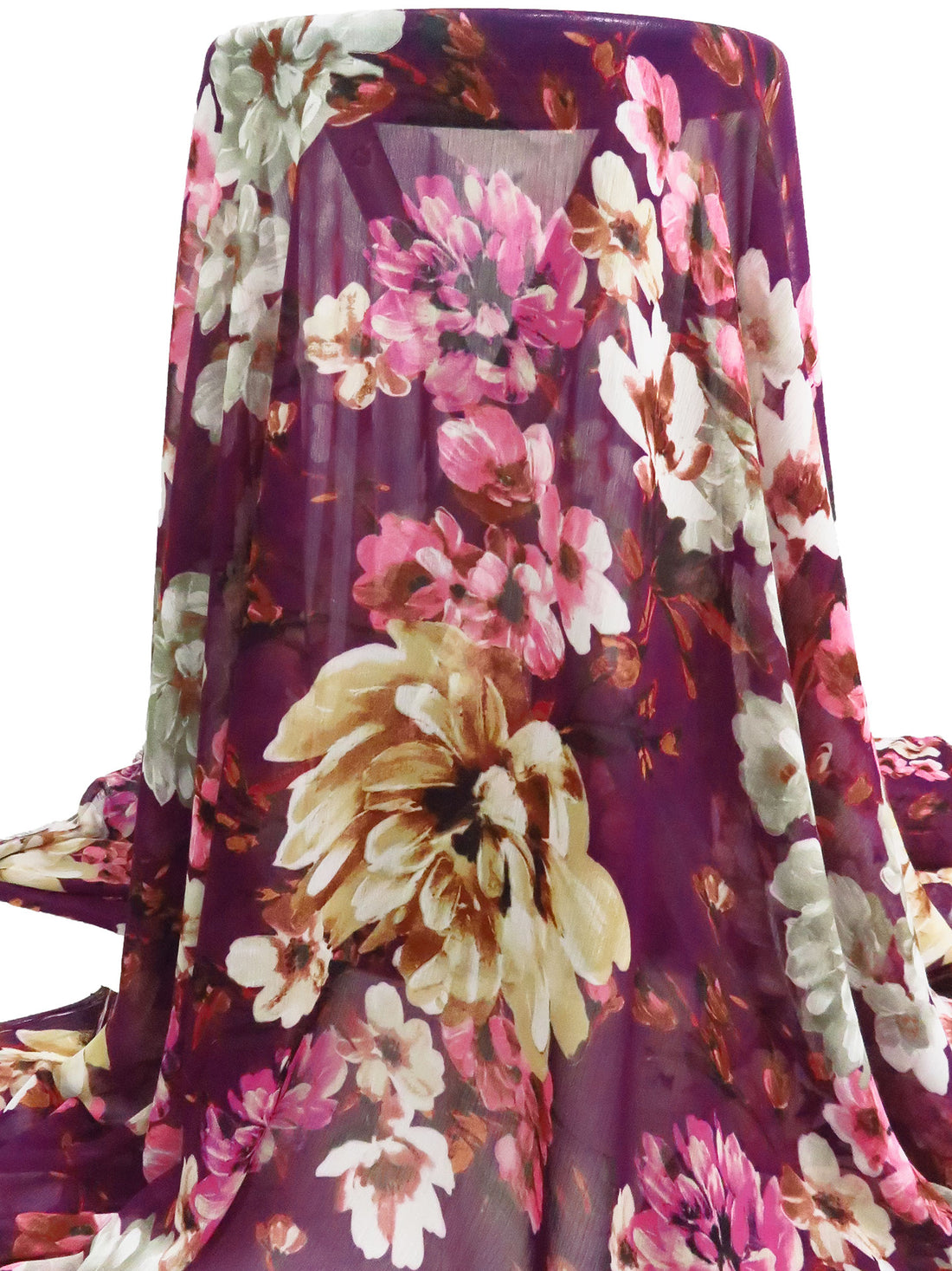 Plum Purple/China Pink/White/Multi 100% Polyester Large Floral Print Crinkle Chiffon 58W